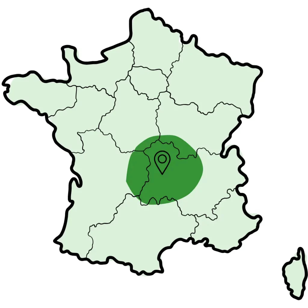 carte de france avec la région autour de clermont-ferrand mise en couleur
